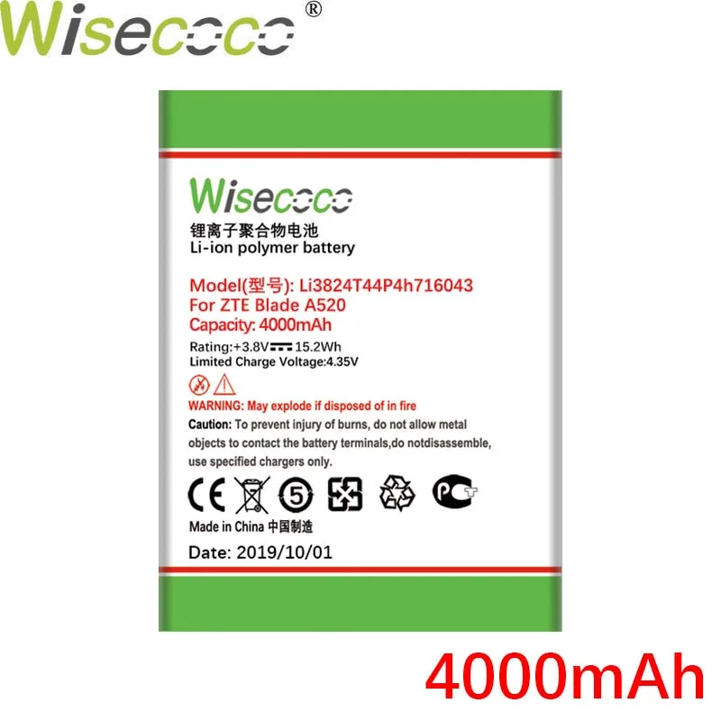 Wisecoco 4000 мА/ч, Li3824T44P4h716043 3,85 V Батарея для zte лезвие A520 A521 BA520 A603 BA603 телефон Батарея Замена