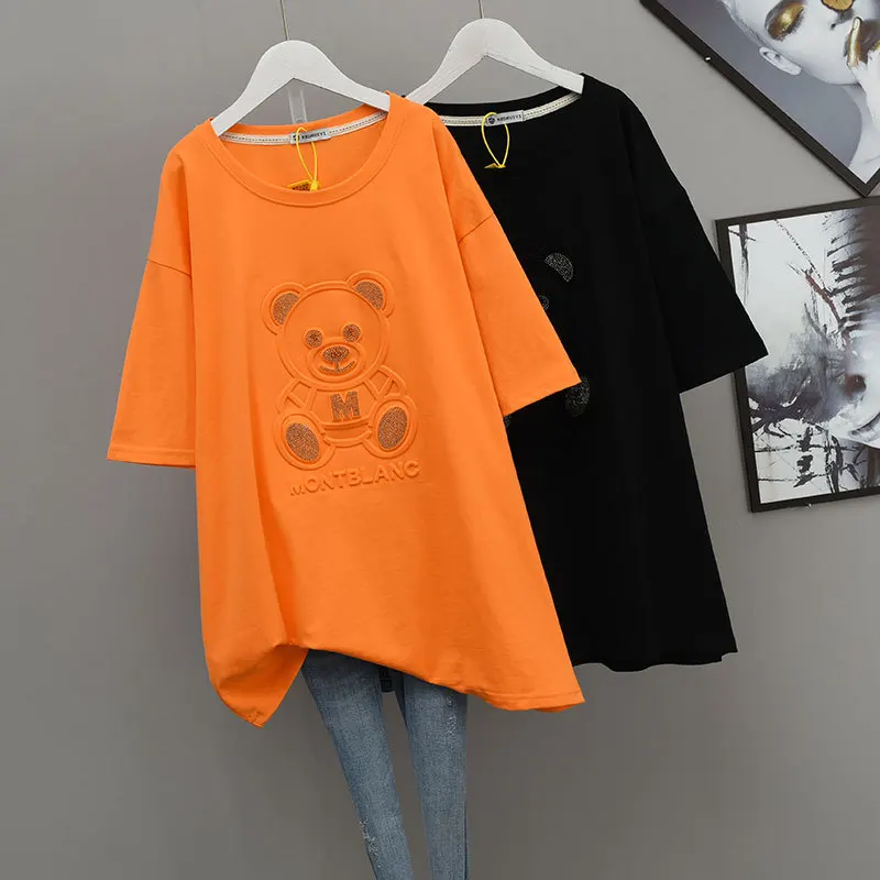 

Новинка 2022, Корейская свободная тонкая простая футболка с коротким рукавом и медведем, женские летние повседневные спортивные топы в ленив...