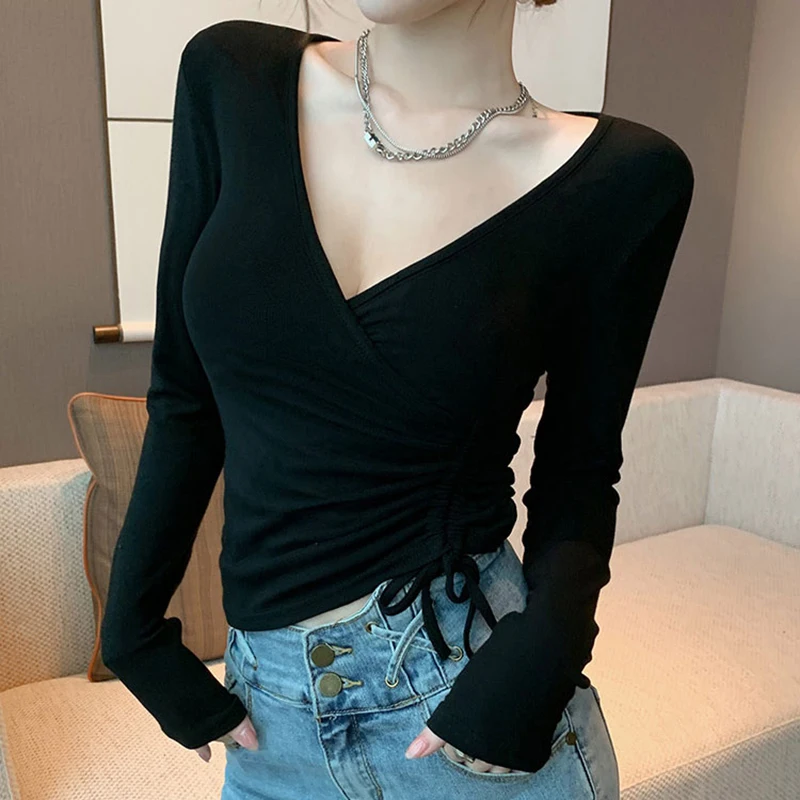 

BOBOKATEER Vetement Femme 2021 Long Sleeve T Shirt Women Clothing Skinny Poleras Mujer Black Woman Tshirts V-Neck Dames Kleding