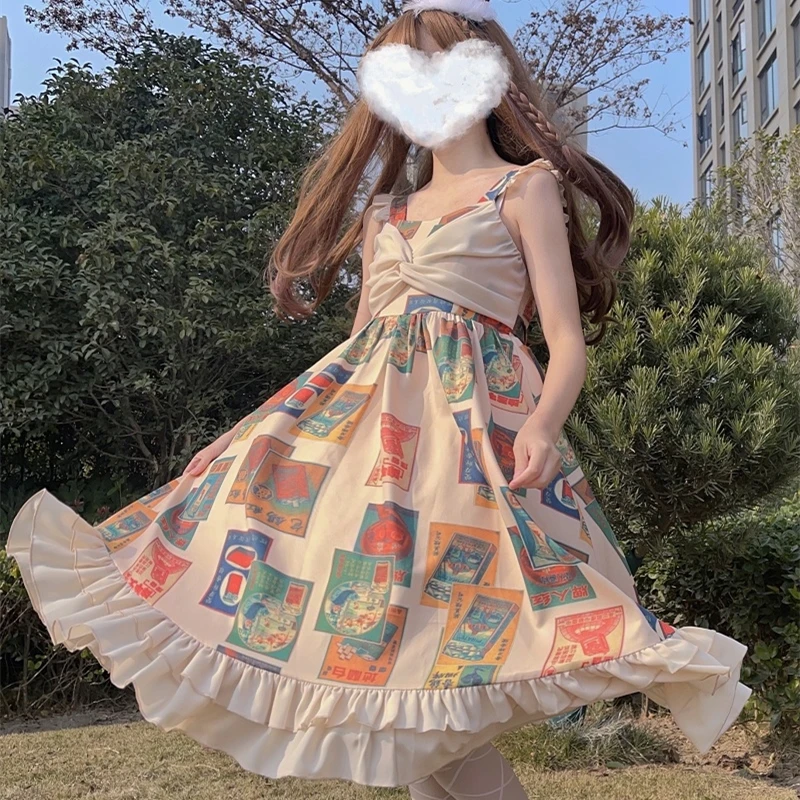 

Japanese Soft Girl Lolita Kawaii Daily Sweet Mid-length Cute Print Suspender Dress loli Summer Tea Party Dress