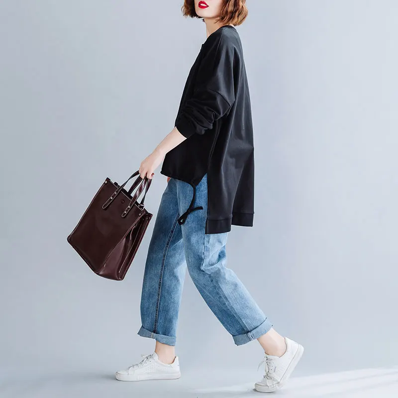 DIMANAF Autumn Winter Plus Size Women T-Shirt Basic Tunic Tops Shirts Cotton Long Sleeve Loose Casual Female Clothes Solid Black