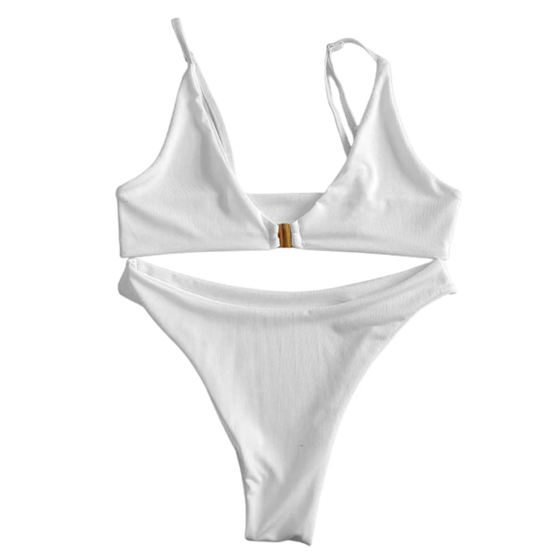 

Womens Sexy 2 Piece Bikini Set Scoop Neck Metal Buckle Front Bra Swimsuit Low Waist High Cut Thong Solid Color Bathing Suit Bea