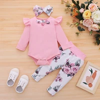 3pcs newborn baby girls clothes cotton floral bow tie bodysuits pants hairband set baby outfit girl clothing 6 12 18 24 months