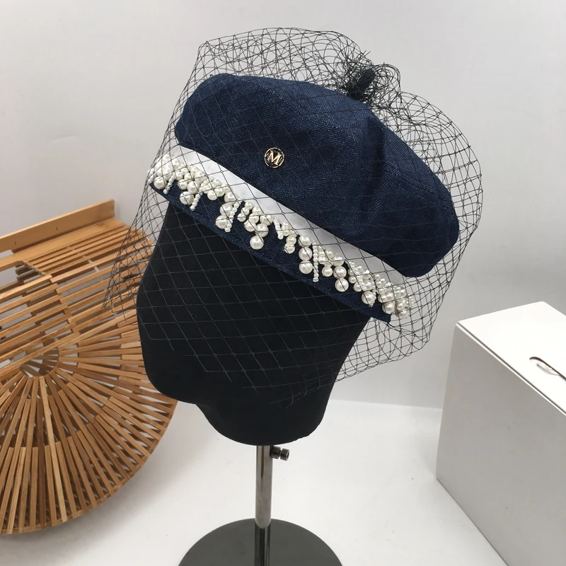 Французский элегантный берет шляпа Женская сетка жемчуг дамы Универсальный маляр шляпа маленький ладан ковбой восьмиугольная кепка ins tide