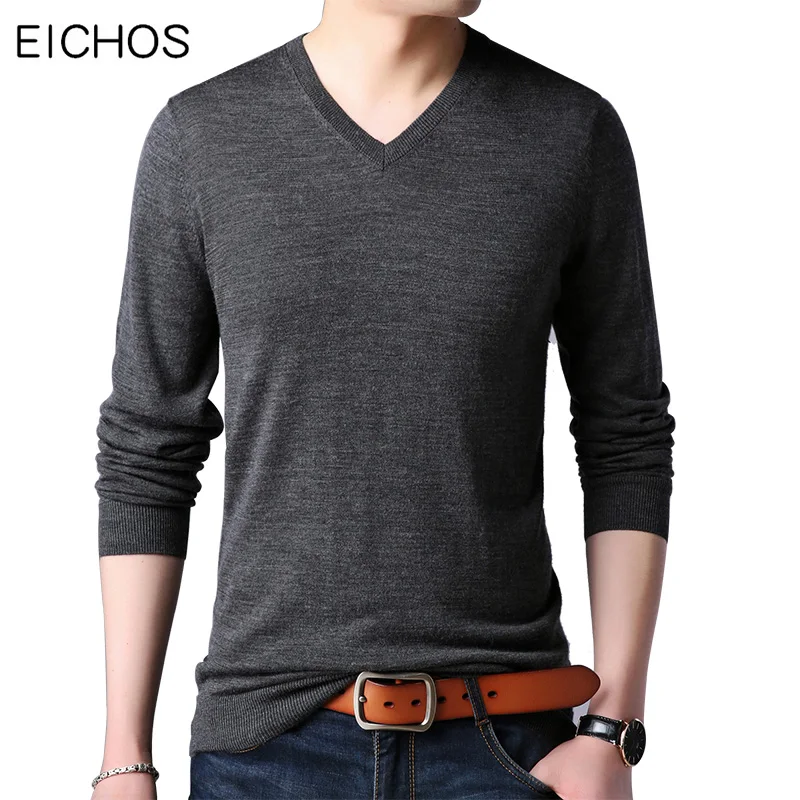 Мужской пуловер с v образным вырезом тонкий однотонный из 100% шерсти качественный