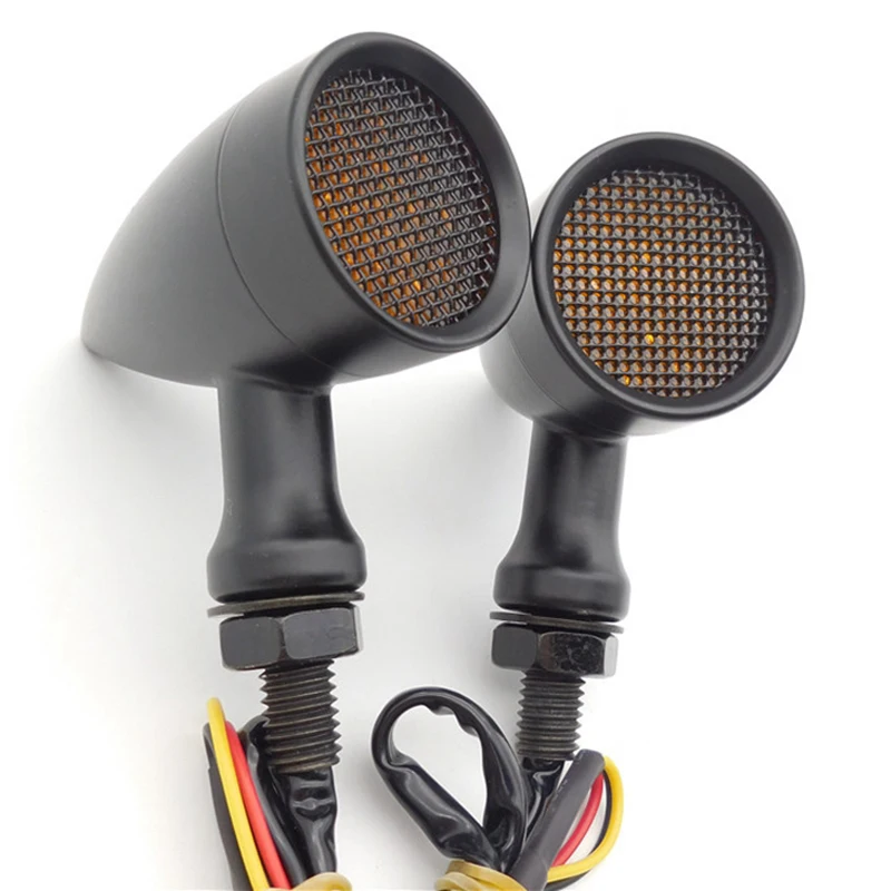 

Motorcycle Black Retro LED Turn Signal Brake Light Mesh Grill Amber Lens Fit 10mm Bolt for Honda Yamaha