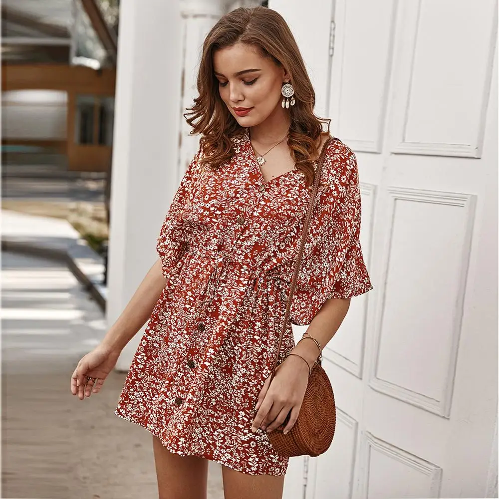 Женское Цветочное платье с v образным вырезом свободное повседневное модное