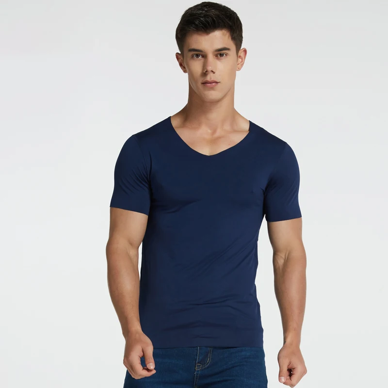 Men's V-Neck Undershirts Man Ice Silk Seamless Short Sleeves Basics Shirts Youth Summer Sexy Fitness Body Building Underwear