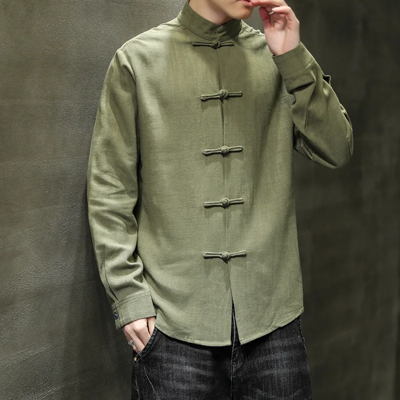 2021 Spring Autumn New Chinese Style Button Shirts for Men Cotton and Linen Long Sleeve Solid Color Kung Fu Tai Chi Top | Тематическая