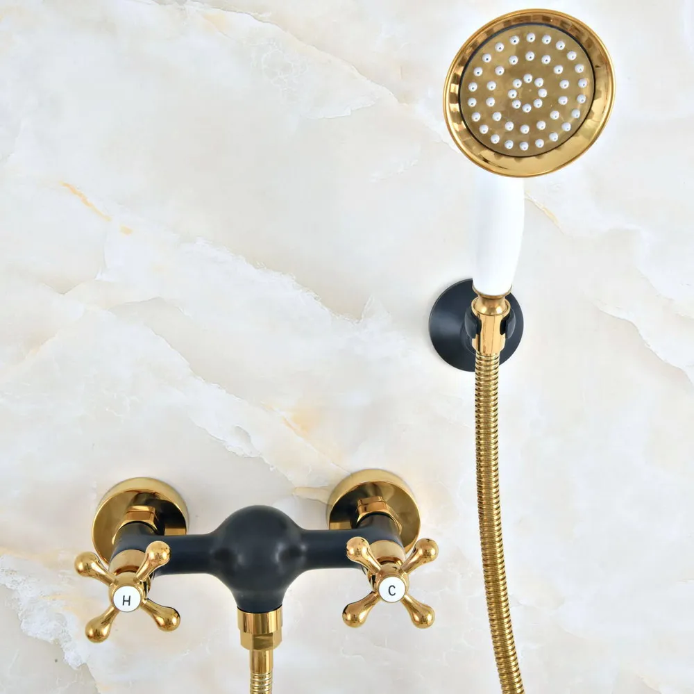

Luxury Gold Color Brass Black Oil Rubbed Bronze Wall Mounted Bathroom Hand Held Shower Head Faucet Set Bath Mixer Tap mna513