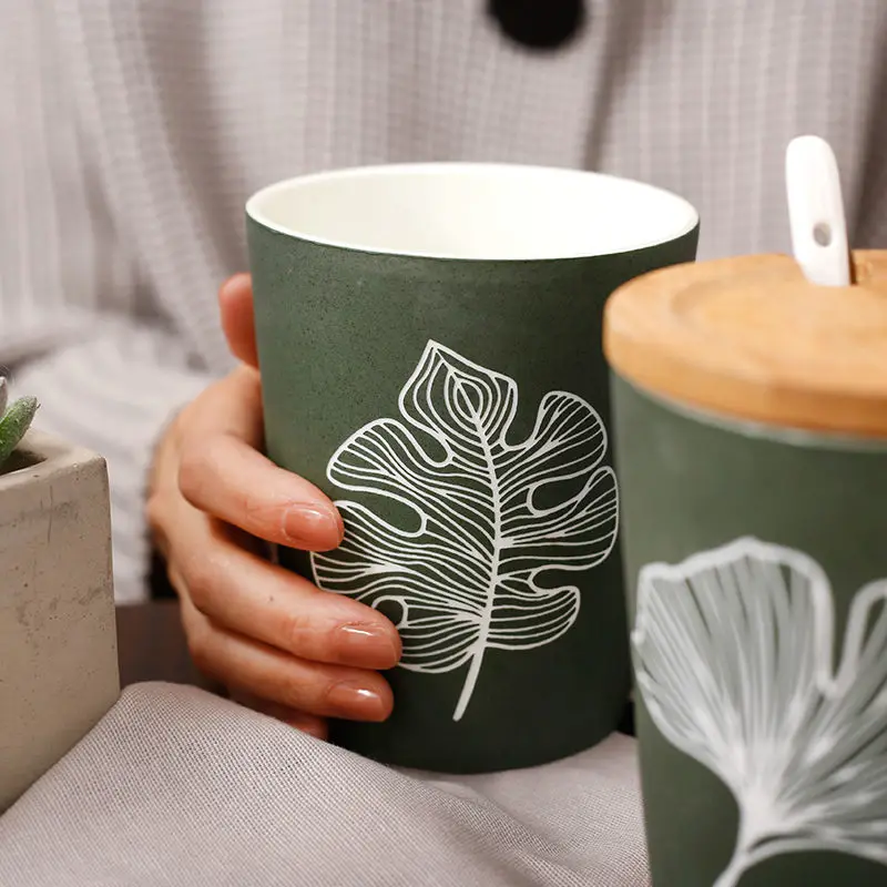 350/520ml Leaf Pattern Ceramic Coffee Mug With Lid Spoon Large Capacity Frosted Water Cup Office Tea Kitchen Utensils | Дом и сад