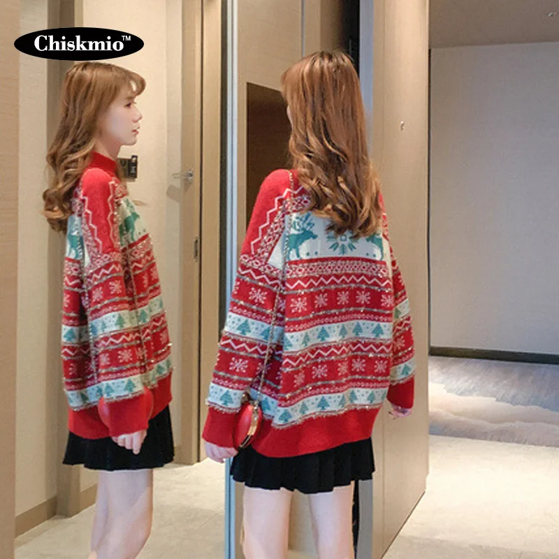 

Christmas Fawn Knitted Sweater Women Vintage Knitting Tops Loose Warm Knitted Pullover 2020 New Knitwear Winter Clothes Women
