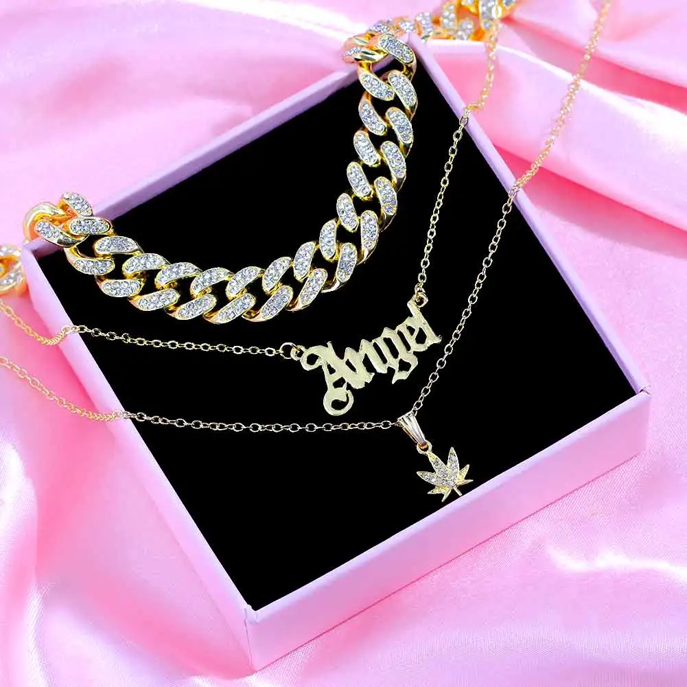 

Punk Layered Angel Letters Leaf Pendants Necklace For Women Chunky Thick Cuban Link Chains Choker Necklaces Hip Hop Jewlery Gift