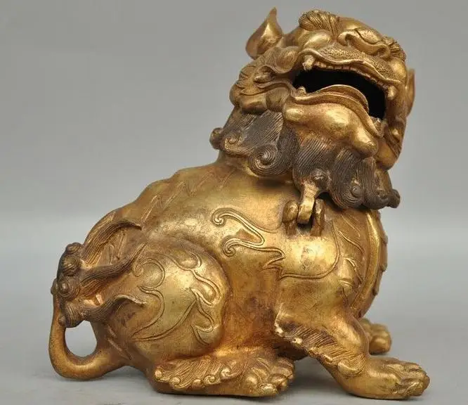 7 &quotКитайский фэн шуй Бронзовая позолоченная Статуя Льва собака фу собаки