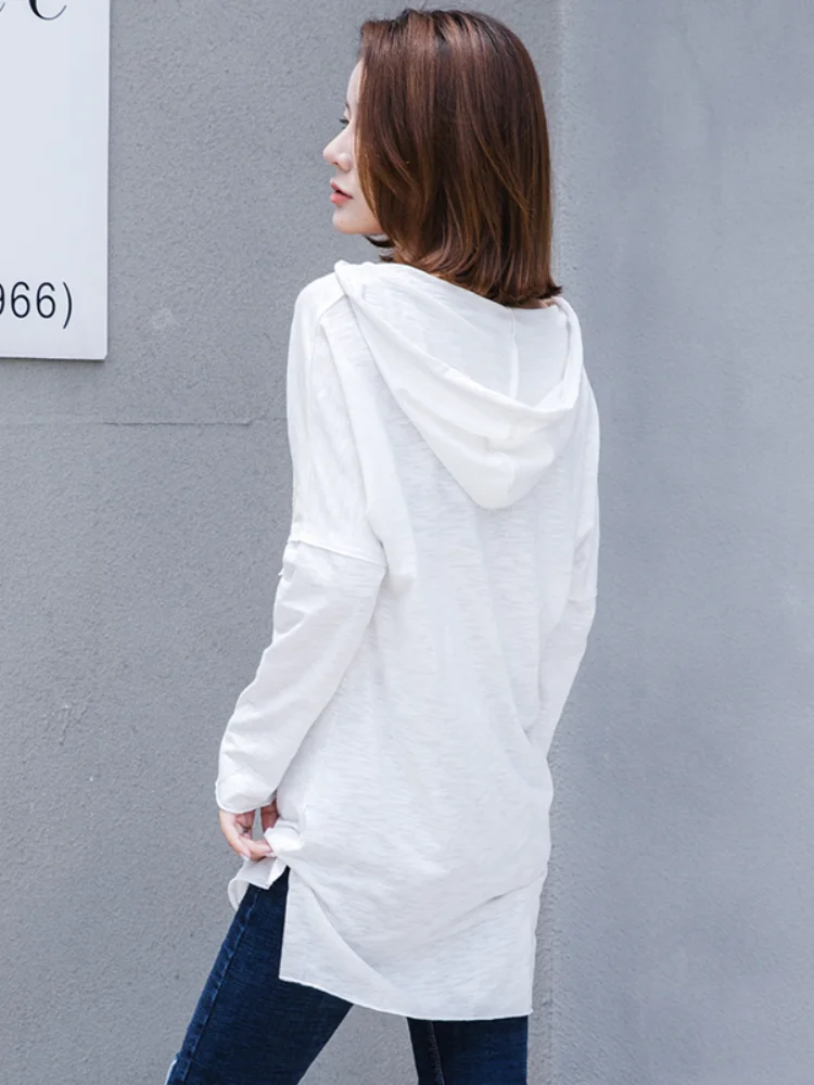 Bamboo Cotton Loose Women T-shirts 2021 Summer New Long Hooded V-neck Solid White Casual Pullovers Outwear Coat Tops | Женская одежда