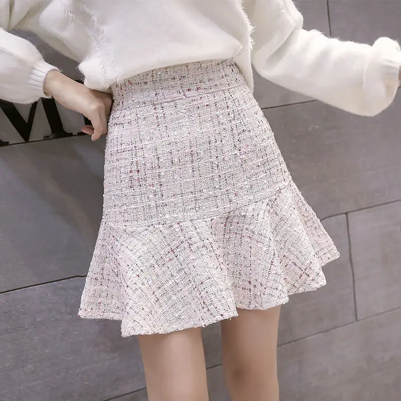 Новая Корейская твидовая юбка с высокой талией и пуговицами шерстяная черная