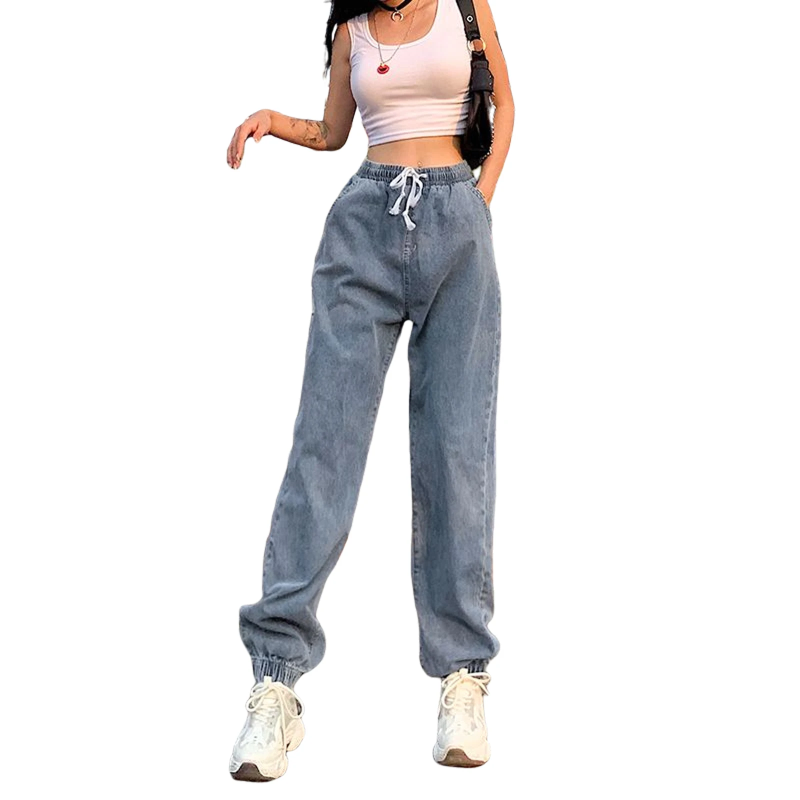 

Women Solid Color Jeans Solid Color Adults Casual Style Drawstring Side Pocket High Waisted Long Pants (Blue) Spring And Autumn