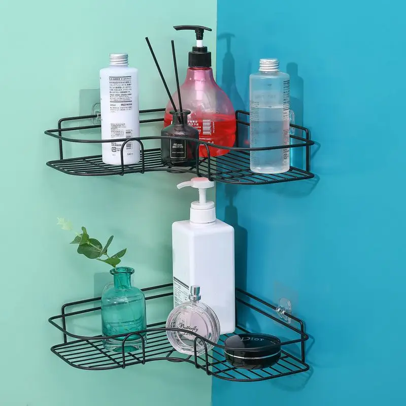 

1/2PCS Black Shampoo Storage Rack Holder Kitchen Seasoning Rack Punch Corner Frame Shower Shelf Robe Hook Bathroom Accessories