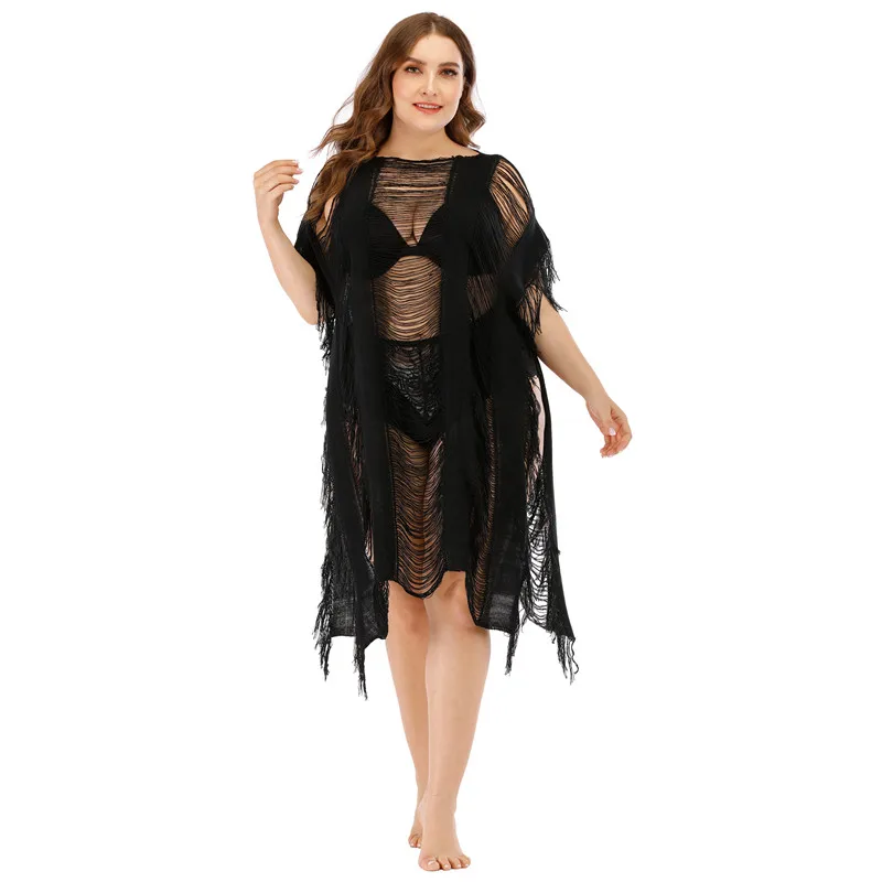 

NEW 2020 Knitted Beach Dress Black Cover Up For Women Crochet Tunic Hollow Out Pareo Bikini Praia Salida De Playa Cover-ups 2XL