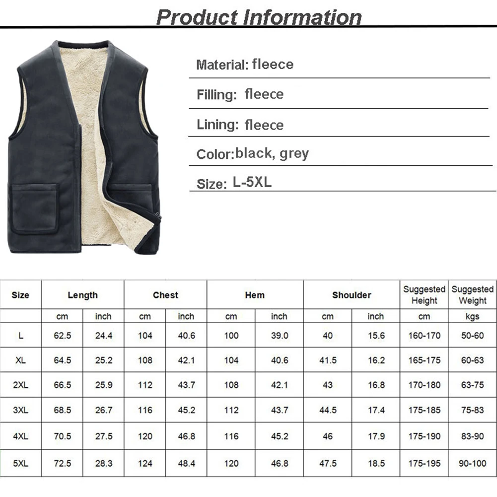 

Winter Casual Sleeveless Jacket Men Warm Fleece Vest Jacket Large Size Solid Color Thick Sleeveless Men's Vest For Hiking Skiing