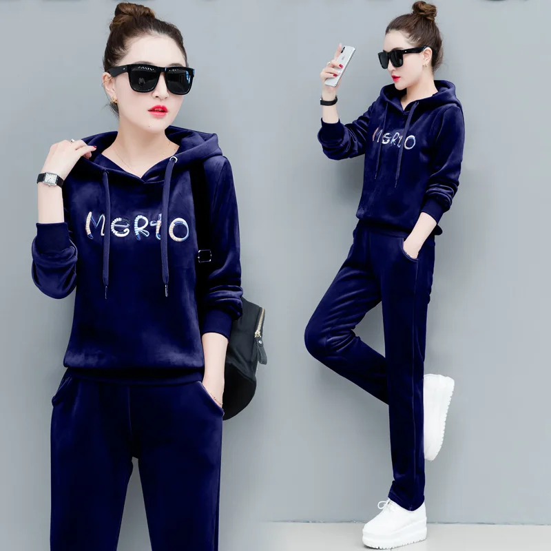 Осенний Бархатный спортивный костюм Для женщин комплект из 2 частей утепленные