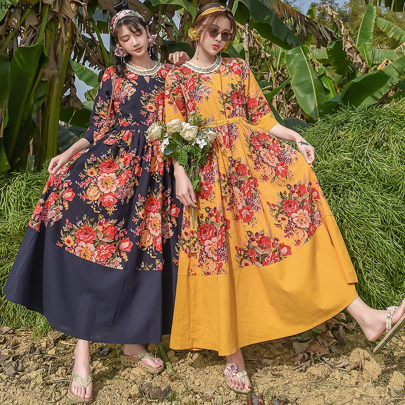

Women's Dresses Plus Size Loose Chinese Style Dress New O-neck Fashion Casual Dresse A-LINE Print Lady Ankle-Length Houthion