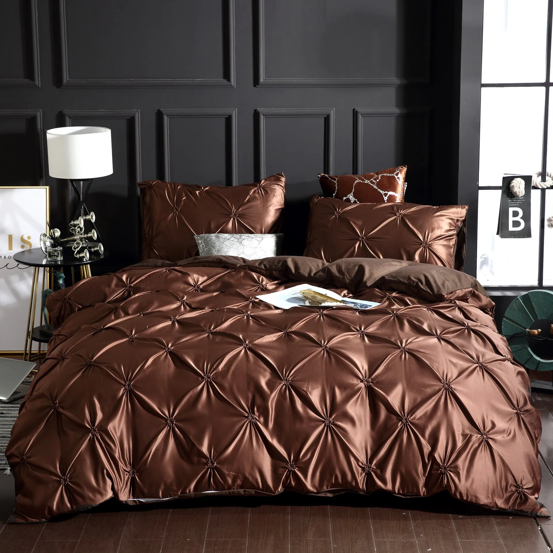 

Luxury Bedding Cover Set Pull Flower Duvet Cover+Pillowcase 2-3PCS Soft Solid Bed Cover Nobel Brown