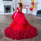 Красные милые Платья с цветочным принтом для девочек, наряды на день рождения для маленьких девочек с длинным шлейфом, Пышное Платье на 2-16 лет