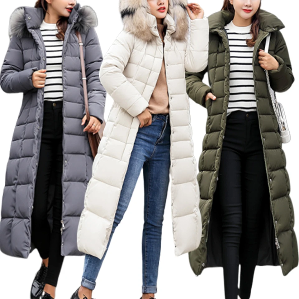 

Removable Big Fur Collar Hooded Winter Coat High Waist Extra Down Long Coats Puffer Quilted Jacket Parka Women Padded Belt Parka