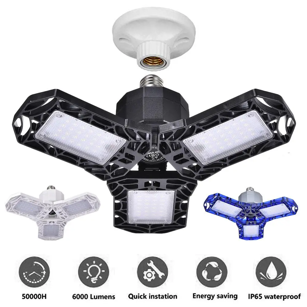 

60W/30W 110v/220v E27/E26 6000K Foldable LED Garage Light Deformable Three Blade Lamp For Gymnasiums Stages Warehouses