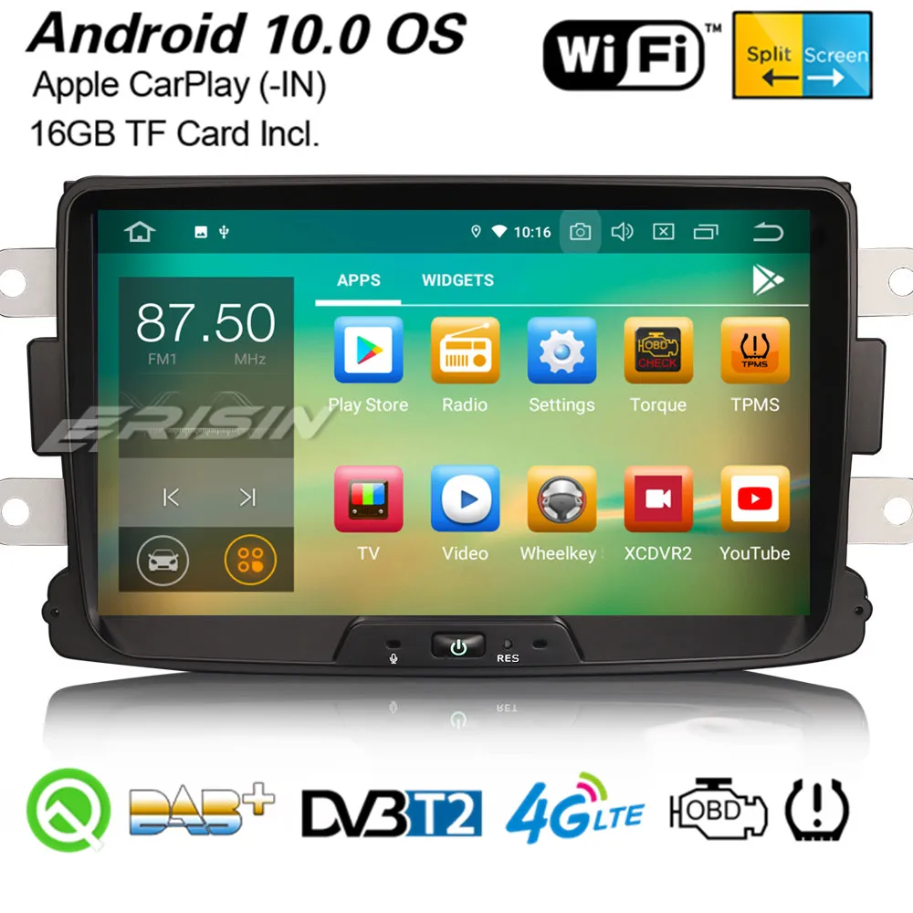Erisin 5129 8 &quotAndroid 10 0 автомобильное стерео CarPlay WiFi OBD2 USB DAB + GPS для Renault Dacia Duster Sandero Logan