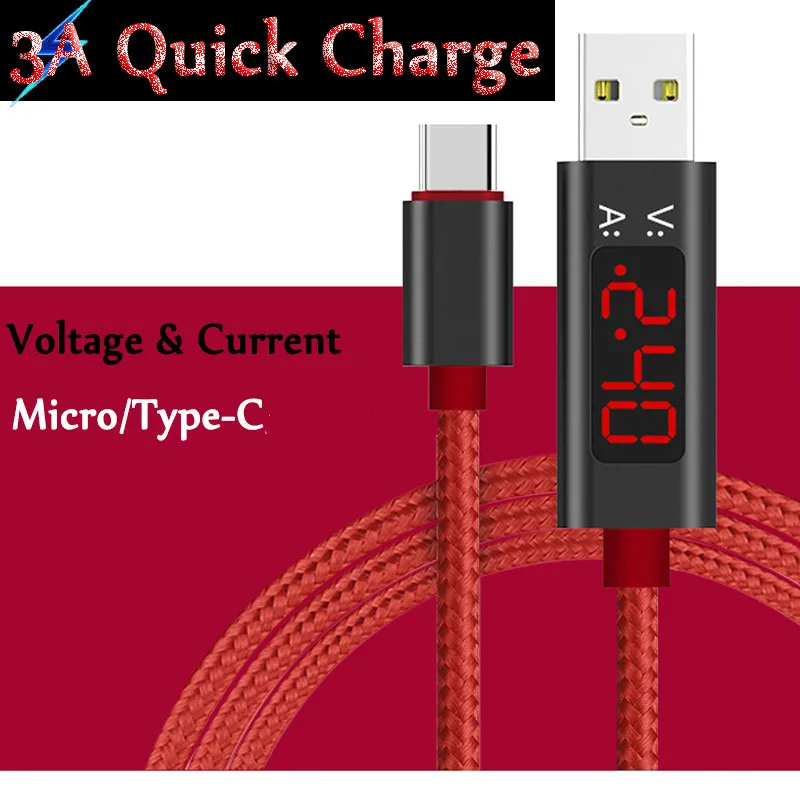 

USB Type C Cable Voltage Monitor Fast Charging Kable USB Tipo C Mobile Phones Cables for iPhone Samsung Redmi Xiaomi LED Cable