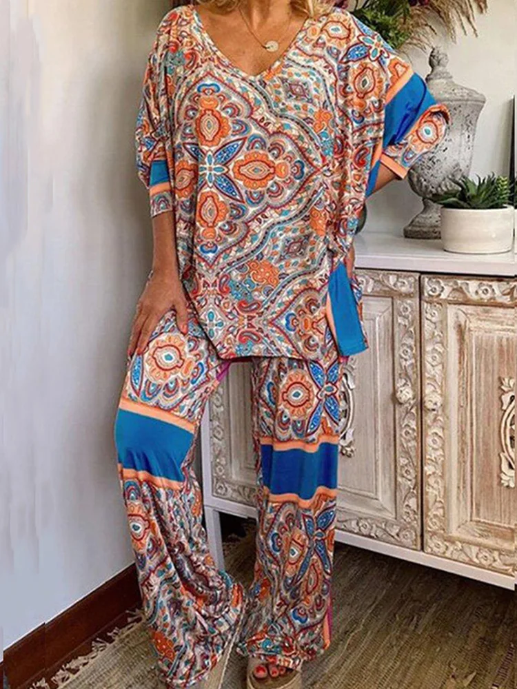 

Summer Casual Loose Pullover Tops+Long Pants Two Piece Sets Women Elegant O-Neck Vintage Print Outfits Spring Streetwears 5XL