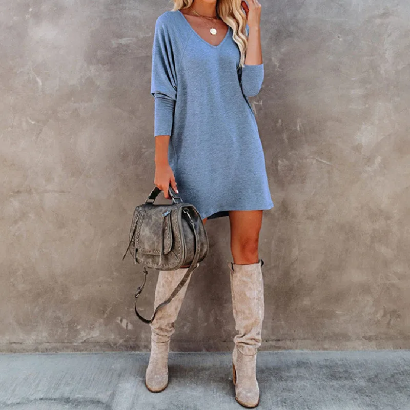 

Elegant Casual Women Mini Dress 2020 Autumn Elegant V-neck Batwing Sleeves Loose Dresses