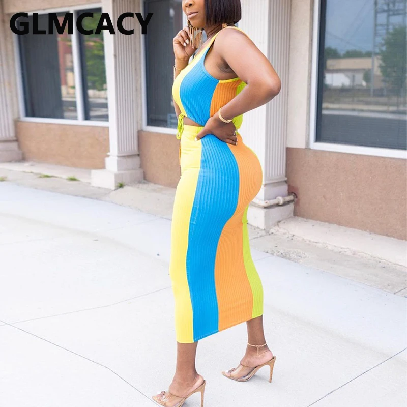 

Two Piece Colorblock Dress Suits Sleeveless Crop Top & Slim Maxi Skirt Set
