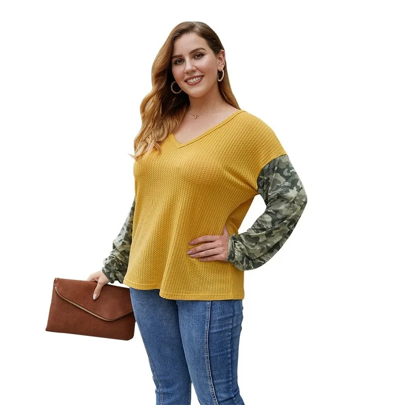 

2021 spring and autumn plus size women's original fat mmV neck stitching camouflage casual top shirts for women woman tshirts
