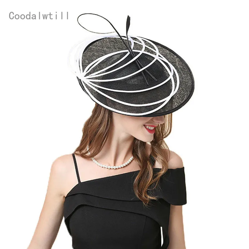 Black Wedding Fascinators For Women Kentucky Derby Church Hats Summer Female Linen Pillbox Hat Large Brim Chapeu Fedoras KNHFH07