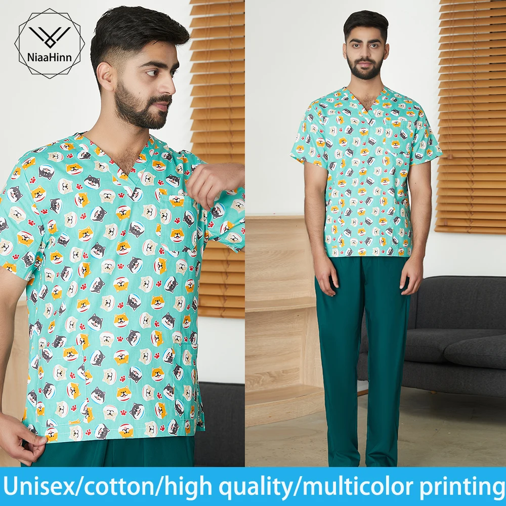 

Puppy print pet shop men's doctor work medical scrub clothes pet grooming women high-quality cotton care short-sleeved uniforms