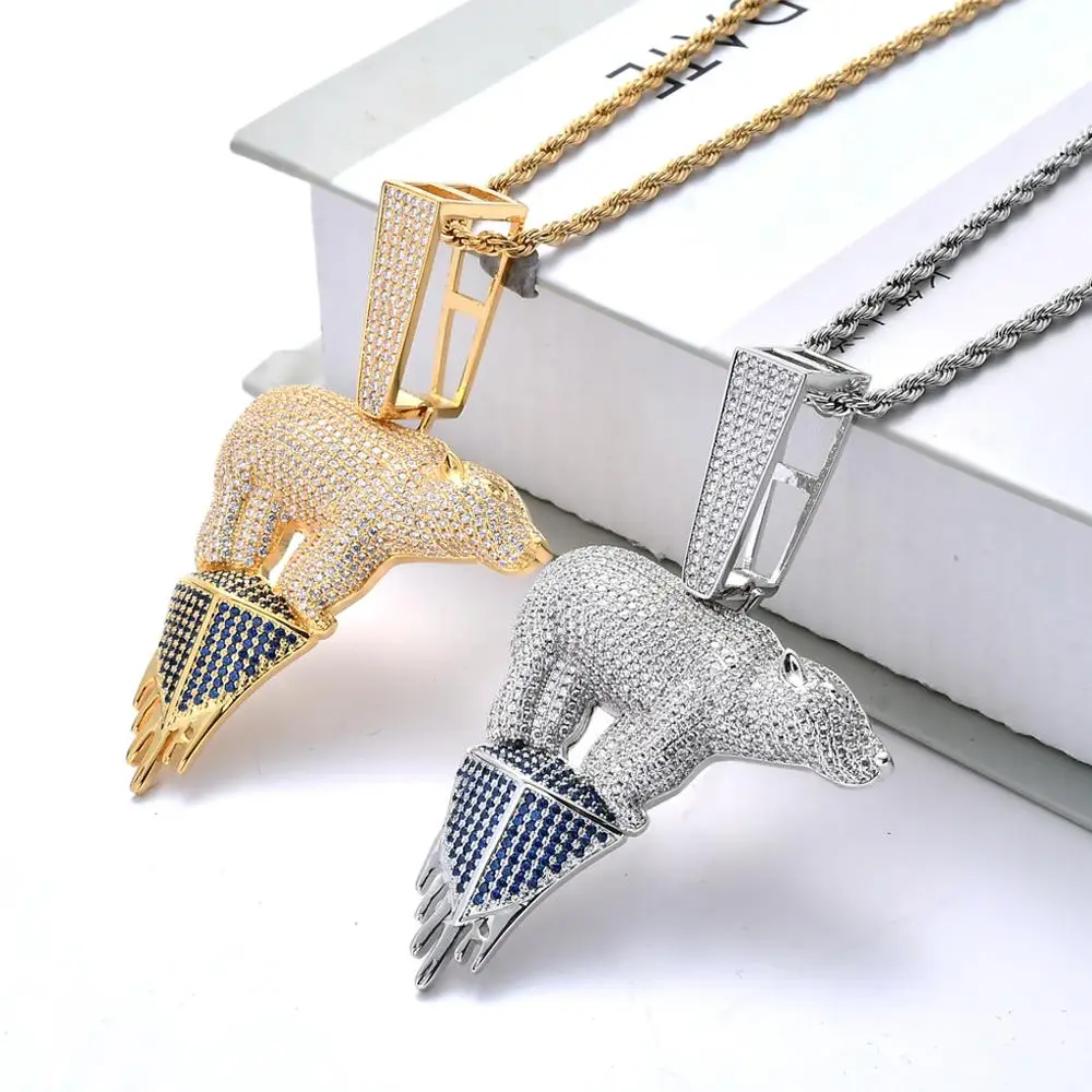

Newest Fashion Eco-themed Glacial Polar Bears Pendant Necklace Men's Iced Out AAA Cubic Zirconia Stone Gold Brass HipHop Jewelry
