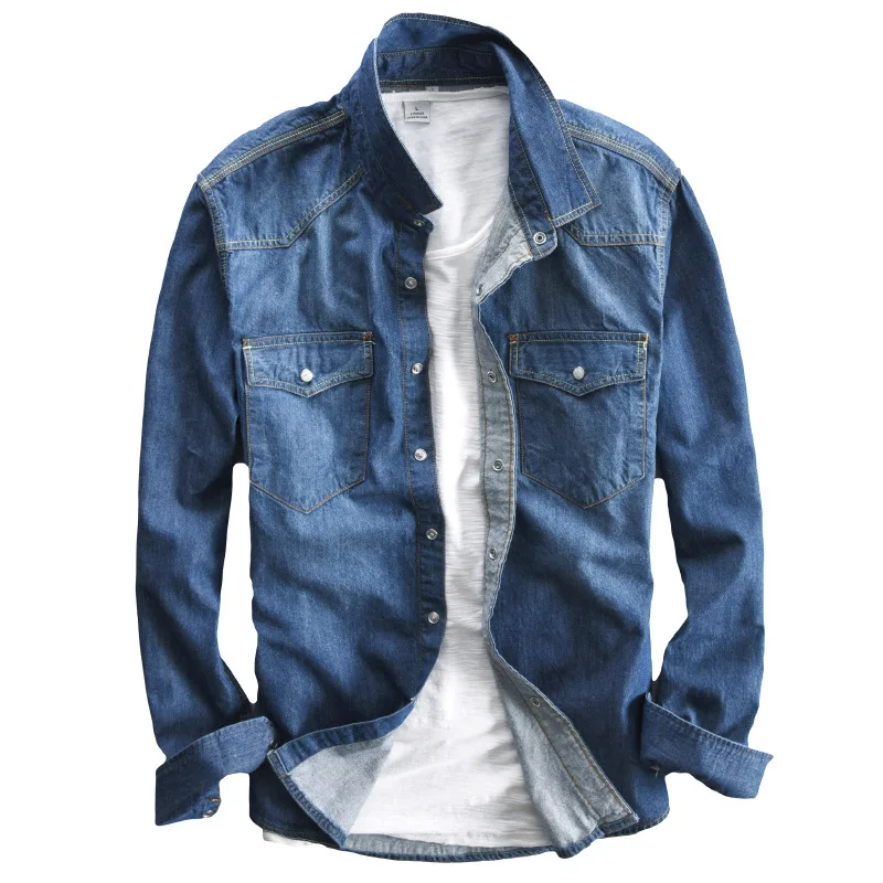 

Long Sleeve Denim Shirt for Men Autumn New Pure Cotton Casual Solid Color Cowboy Tops Male Blue Vintage Button Up Clothing