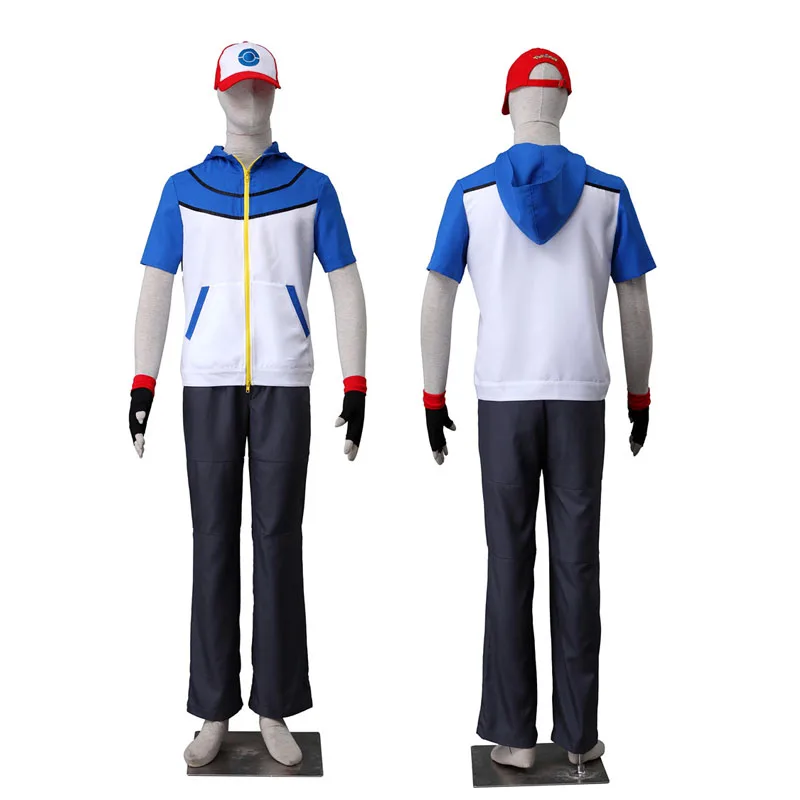 Качественный костюм для косплея POKEMON Ash Ketchum (толстовки + штаны перчатки шляпа)