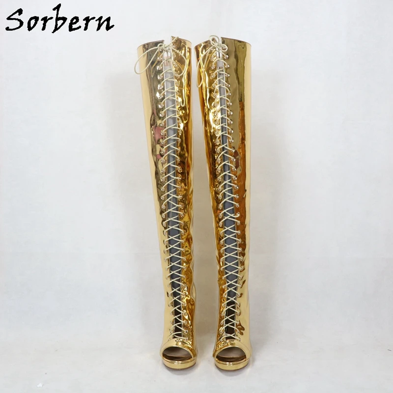 Женские сапоги до бедра Sorbern розовые с открытым носком на шнуровке размера плюс