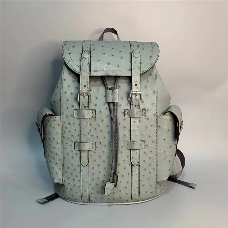 

Authentic Real True Ostrich Skin Men's Large Casual Gray Blue Backpack Genuine Exotic Leather Male Top-handle Travel Bag Pack