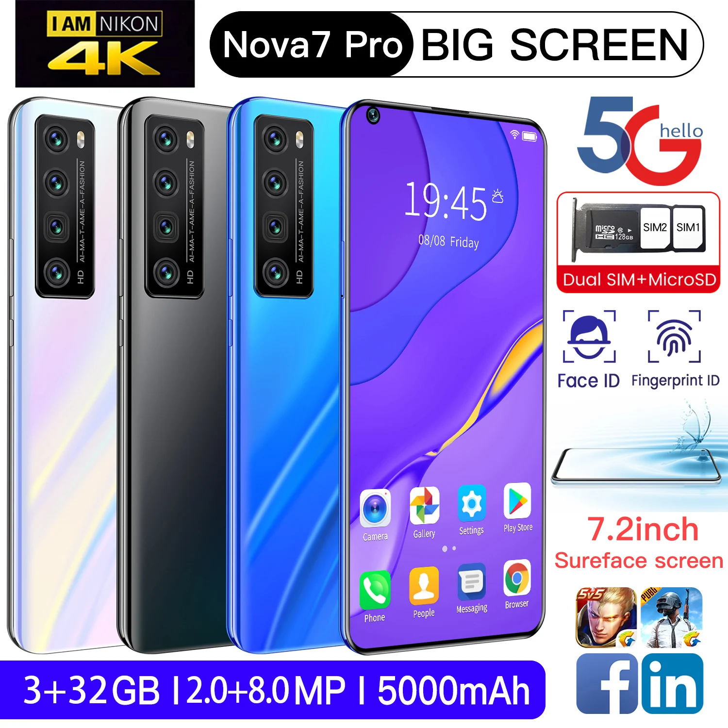 Глобальная версия смартфон Nova7Pro разблокированный 3 + 32 ГБ экран 7 2 '' Android 10 две