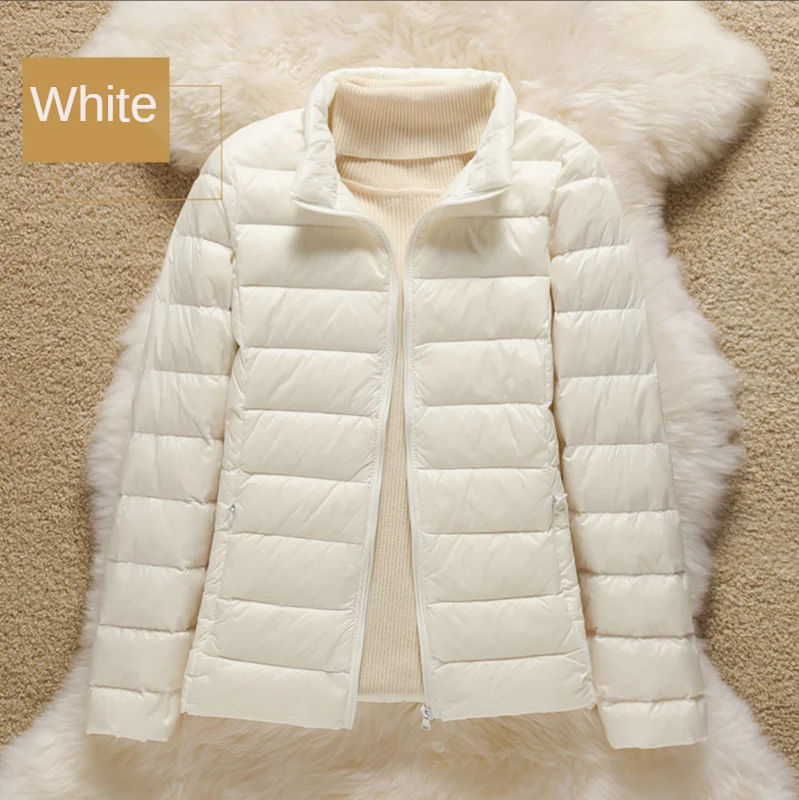 

Новинка 2022, женские топы с воротником-стойкой, тонкая пуховая куртка, искусственный белый утиный пух, осенне-зимние теплые пальто, портативн...