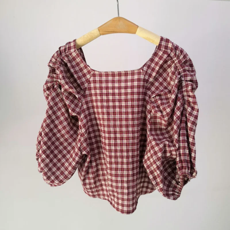 

Sweet Shirring Puff Short Sleeve Plaid Casual Shirts V-neck Button-up Women Blouses 2021 Summer Japan Style Chic Crop Tops
