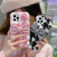 3d cute houndstooth bowknot fluffy phone case for iphone 13 12 11 pro max x xr xs max 7 8 plus capa winter warm fuzzy soft cover