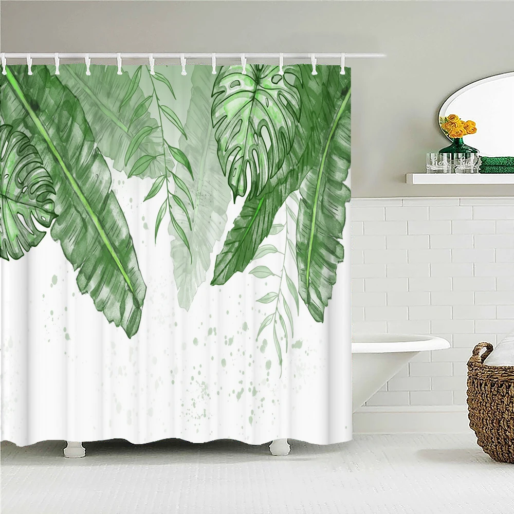 

Waterproof Shower Curtain Green Plant leaf leaves Polyester Fabric 3D Printing Bathroom Curtains for Bathroom Decor with Hooks