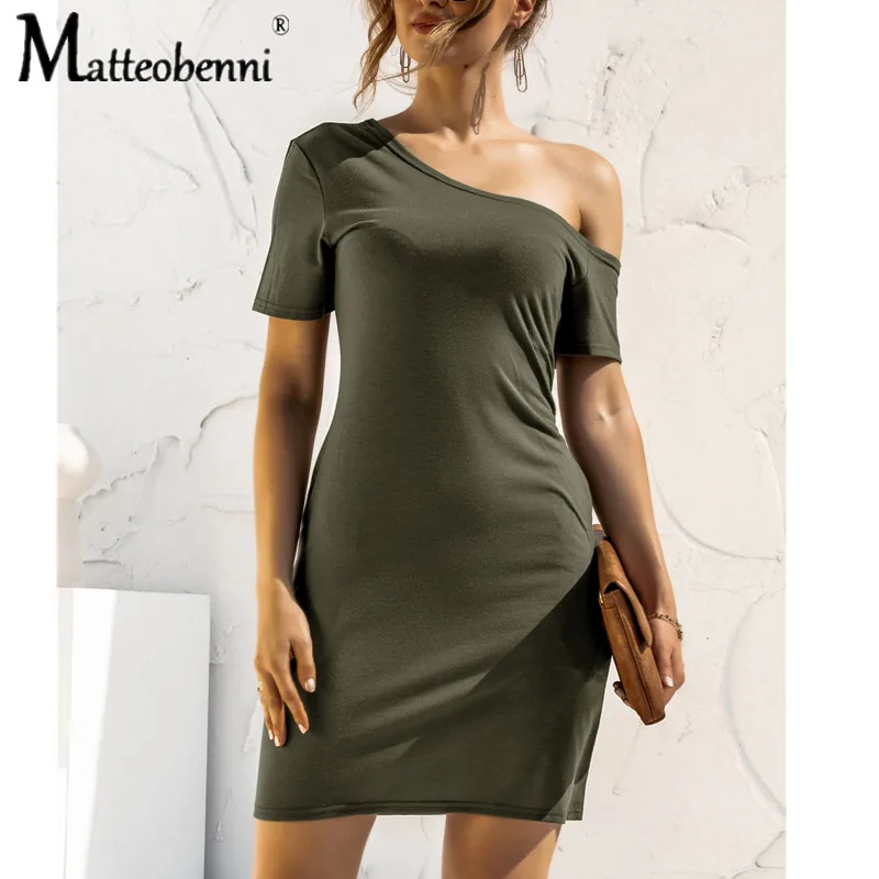 

2021 Summer Women's Black Short-Sleeve Off-Shoulder Irregular Pocket Dress Female Casual Streetwear Slash Neck Slim Mini Dress