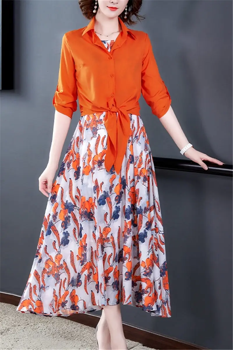 

Fashion Shirt Jacket and Dress Two-piece Female Summer Floral Set Temperament Ladies Elegant Sleeveless Dress Print Outfit KN060